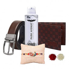 Deals, Discounts & Offers on Bags, Wallets & Belts - Inacrafts Hub Fancy Designer Rakhi, Relish Reversible Belts, PU Leather Wallet, Mens Deodorant Combo Pack for Brother,Bhaiya | Rakshabandhan gift