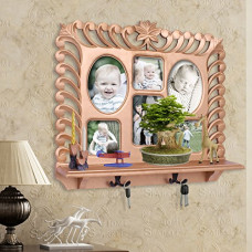 Deals, Discounts & Offers on  - Home Sparkle Wood Wall Shelf, Photoframe & Hooks (56 cm x 11 cm x 48 cm, Golden)