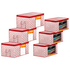 Deals, Discounts & Offers on  - Heart Home Dot Printed Multiuses Non-Woven 3 Saree Cover & 3 Underbed Storage Bag/Organizer Set With Tranasparent Window, Set of 6 (Pink)-46HH0613