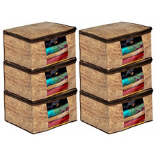 Deals, Discounts & Offers on  - Kuber Industries Wooden Print 6 Piece Non Woven Fabric Saree Cover/Clothes Organiser For Wardrobe Set with Transparent Window, Extra Large (Brown)