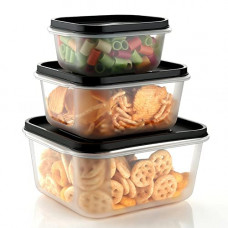Deals, Discounts & Offers on  - OMORTEX 3 Pcs Square Shape Food Grocery Storage Container Black - 2400 ml, 1400 ml, 700 ml Plastic Grocery Container (Pack of 3, Black)