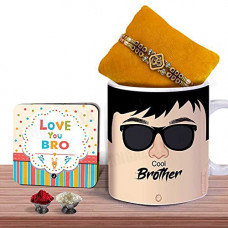 Deals, Discounts & Offers on  - Jhingalala OM Designer Rakhi, Cool Brother Printed Ceramic Coffee Mug, Love You Bro Greeting Card, Roli Chawal Raksha Bandhan Pack (Multicolour)