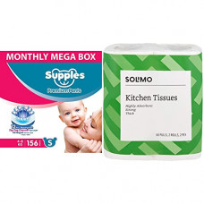 Deals, Discounts & Offers on  - SUPPLES Diaper Pants - S - Monthly MEGA Box - 156 Pieces & Amazon Brand - Solimo 2 Ply Kitchen Tissue Paper Roll