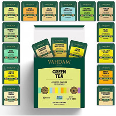 Deals, Discounts & Offers on  - VAHDAM - Organic Green Tea Sampler Trial Pack | 15 Assorted Green Tea Bags | USDA Certified Organic Green Tea