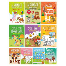 Deals, Discounts & Offers on Books & Media - Brain Booster Activity Book Set (Set of 10 books) (Colourful Pages) - 3 Years to 5 Years Old - Learn and Practice ABC Capital and Small Letters, Mazes, Spot the Difference, Pencil Control, Dot to Dot, Mathematics - Fun Early Learning