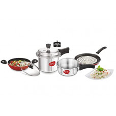 Deals, Discounts & Offers on Cookware - Pigeon Starter Kit of Mini Containing 2 and 3 litre Aluminium Pressure Cooker Outer Lid, 250 mm Flat Tawa and 240mm Kadai with Glass Lid (Silver)