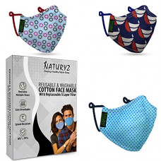Deals, Discounts & Offers on  -  Naturyz Cotton Printed Reusable & Washable Face Mask with Replaceable N95 SITRA Certified 5 Layer Filters | Nose Pin with Adjustable Earloops (Multicolour, Without Valve, Pack of 3)
