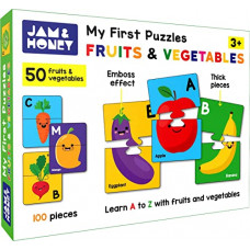 Deals, Discounts & Offers on  - Amazon Brand - Jam & Honey My First Fruits and Vegetables Puzzle - 100 Piece Puzzle - Learn A to Z with Fruits and Vegetables - Thick pieces with beautiful illustrations