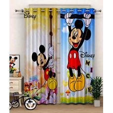Deals, Discounts & Offers on  - Fun Homes Disney Mickey Print 2 Pieces Polyester Special Blackout Long Crush Eyelet Door Curtain 7 Feet (Sky Blue & Yellow)