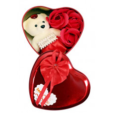 Deals, Discounts & Offers on  - Pinkcity Forever Artificial Flowers Bud Fragrant Petal Soap, Teddy, Heart Box, Tag (Red, 1 Teddy, 3 Rose Bud Petal Soap, 1 Tin Box, 1 Tag), 6 Pieces, Multicolor