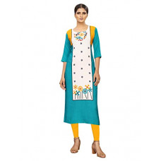 Deals, Discounts & Offers on Women - [Size XL] 1 Stop Fashion Women's Turquoise Blue Colour Crepe Digital Print Knee Long W Style Kurta/Kurti