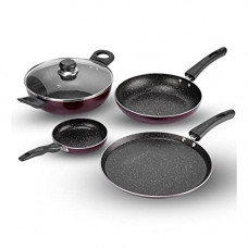 Deals, Discounts & Offers on Cookware - Vinod Non-Stick Aluminum Frypan Induction and Gas Stove Friendly Supreme Set of Dosa Tawa (Red, 28 cm Kadai with Lid 22cm 2 litres, Frypan 22 cm 1.2 litres 14 cm) -4 Pcs