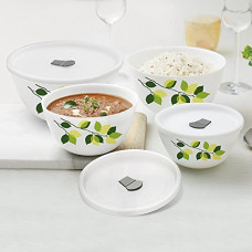 Deals, Discounts & Offers on  - Larah by BOROSIL Green Leaves Opalware Solid Mixing & Serving Bowl with Lid (500 ml, 750 ml, 1000 ml, 1500 ml), Microwave Safe, White, Set of 4