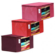 Deals, Discounts & Offers on  - Kuber Industries 3 Piece Non Woven Fabric Saree Cover Set with Transparent Window, Extra Large, Maroon,Pink,Red-CTKTC31956