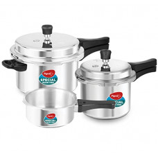 Deals, Discounts & Offers on Cookware - Pigeon Aluminium Pressure Cooker Combo With Lid, 2 Litre, 3 Litre, 5 Litre (12735) Non-Induction Base Outer Lid , Silver