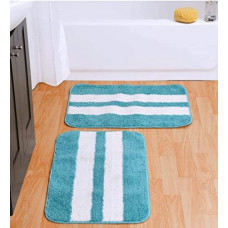 Deals, Discounts & Offers on  - Modern 2 Piece mats with Anti Skid Rubber Backing,Colour Aqua with White Strip Set of 2 (40 x 60 cm)