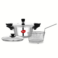 Deals, Discounts & Offers on Cookware - Pigeon Stainless Steel All in One Super Cooker Pro 3 litre With Pressure Cooker Lid, Glass lid and Deep Frying Basket (14942)