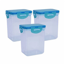 Deals, Discounts & Offers on  - Wonder Klick N Seal Square Containers with Leak Proof Locking Lid, 3 Pieces, 600 ml, Blue