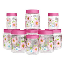 Deals, Discounts & Offers on  - GPET Print Magic Container Pink Pack of 9-1500ml (3 pcs), 1000ml (3 pcs), 450ml (3 pcs) Plastic Grocery Container | Home Kitchen Container | Plastic Jar Set