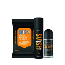 Deals, Discounts & Offers on Health & Personal Care - SVISH ON THE GO Ballz Grooming kit For Men| Hygiene Wipes (4 x 10 pulls), Intimate Foam Wash (75 ml), Anti Chafing Roll On (50 ml) Prevents Rashes, Itchy skin, Blisters & Bad Odor| For Intimate Area