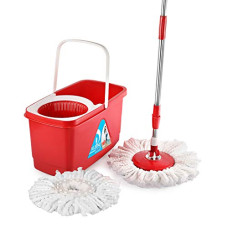 Deals, Discounts & Offers on Home Improvement - Cello Kleeno Easy Clean 360 Degree Plastic Bucket Spin Mop with 2-Refill (Red)