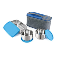 Deals, Discounts & Offers on  - Cello Steel King 3 Stainless Steel Lunch Box, Blue (Capacities - 250ml, 250ml, 650ml)