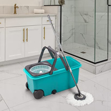 Deals, Discounts & Offers on Home Improvement - Bellavie Dual Mop Bucket with Wheels, Microfiber Mop with 2 Refills, Self-Wringing 360 Spinner, Turquoise Blue (Wheel Mop - Plastic Wringer)