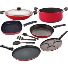 Deals, Discounts & Offers on Cookware - Nirlon Nonstick Cookware Set Standard, Dishwasher Safe, 9-Pieces, Red [FT13_TP_AC_GP(22.5)_Cass20_UP4_3SPN]