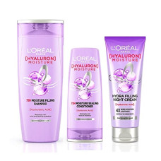 Deals, Discounts & Offers on Beauty Care - L'Oreal Paris Hyaluron Moisture 72H Moisture Filling Shampoo 340 mL + Hyaluron Moisture 72H Moisture Sealing Conditioner 180 ml + Hyaluron Moisture 72H Hydra Filling Night Cream 180 mL, Regime Pack of 3