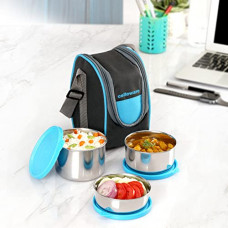 Deals, Discounts & Offers on  - Cello Steelox Stainless Steel Lunch Box-3 Steel, Blue, (Capacities - 225ml, 375ml, 550ml)