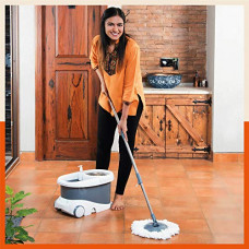 Deals, Discounts & Offers on Home Improvement - Bathla Ultra Clean Plus - Heavy Duty Microfiber Spin Mop with Large Trolley Wheels (Grey)