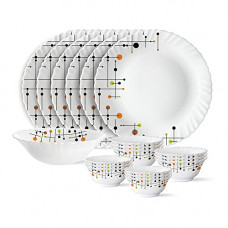 Deals, Discounts & Offers on  -  Larah by Borosil Matrix Silk Series Opalware 19 Pieces Dinner Set, Opal Glass Dinner Plates & Bowls, Crockery Set