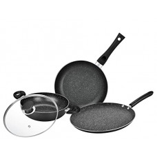 Deals, Discounts & Offers on Cookware - Bergner Essential Plus Non-Stick 4Pc-Cookware Set (Kadhai with Glass Lid 2.6 L, Dosa Tawa 28cm, Fry Pan 24cm) Induction Compatible, Bakelite Handles, PFOA Free, Black