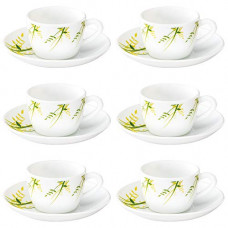 Deals, Discounts & Offers on  - Larah By Borosil - Green Hub (LH) Cup and Saucer Set, 145ml, 12-Pieces, White, Opalware