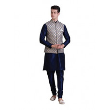 Deals, Discounts & Offers on Men - [Size 40] Ethluxis Men's Silk Blend Navy Kurta Pyjama Set with Bundi Nehru Jacket Waistcoat