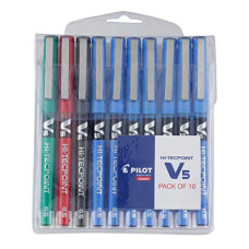 Deals, Discounts & Offers on Stationery - Pilot V5 Fine Point Roller Ball Pen - Pack of 10 (7 Blue, 1 Black, 1 Red, 1 Green)