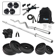 Deals, Discounts & Offers on  - Fitzon PVC 30KG combo 42 Home Gym Set with One 3 Ft Curl + One 4 Ft Plain and One Pair Dumbbell Rods with Gym Accessories