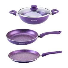 Deals, Discounts & Offers on Cookware - Orchid Non-Stick Cookware Set, 4Pc (Wok with Lid, Fry Pan, Dosa Tawa), Induction Bottom, Soft Touch Handles, Pure Grade Aluminum, PFOA Free, 2 Years Warranty, Purple