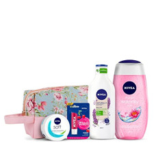 Deals, Discounts & Offers on Beauty Care - NIVEA Naturally Good, Natural Lavender Body Lotion, 200 ml, NIVEA Women Shower Gel, Waterlily & Oil Body Wash, 125 ml, Nivea Soft Crme 50ml and Nivea Lip Care Fruity Shine Cherry, 4.8g with Pink Floral Styling Pouch