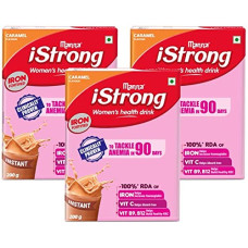 Deals, Discounts & Offers on  - Manna iStrong Clinically Proven to Tackle Anemia in 90 Days | Iron Fortified Womens Health Drink Mix | Iron Supplement | Natural Multigrain Energy Drink | Caramel | 600g (200g, Pack of 3)