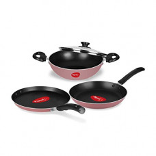 Deals, Discounts & Offers on Cookware - Pigeon Basics Non Induction Base Nons tick Aluminium Cookware set, including Nonstick Dosa Tawa, Nonstick Kadai With Glass Lid, and Nonstick Frying Pan, (Pink)