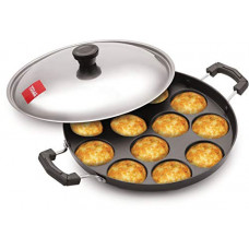 Deals, Discounts & Offers on Cookware - Tosaa Aluminium 12 Cavity Appam Patra Paniyarakkal Two Side Handle with Steel lid & Wooden Picker, ( 23 cm, Black)