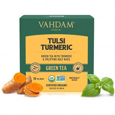 Deals, Discounts & Offers on  - VAHDAM, Tulsi + Turmeric Green Tea | Green Tea Bags (15 Pyramid Tea Bags) | Organic Detox Tea with Medium Caffeine Content | Rich in ANTIOXIDANTS | Brew it Hot or Cold