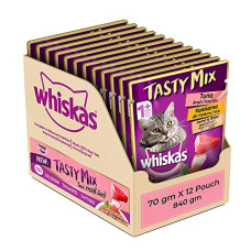 Deals, Discounts & Offers on Food and Health - Whiskas Tasty Mix Adult Wet Cat Food with Real Fish, Tuna With Kanikama And Carrots in Gravy, 12 x 70g