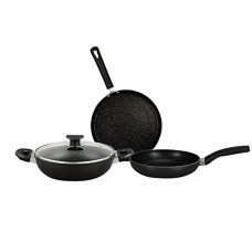 Deals, Discounts & Offers on Cookware - Bergner Essential Plus Non-Stick 4Pc-Cookware Set (Kadhai with Glass Lid 2.6 L, Dosa Tawa 28cm, Fry Pan 24cm) Induction Compatible, Bakelite Handles, PFOA Free, Black