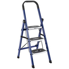 Deals, Discounts & Offers on Home Improvement - Amazon Basics Super Clamber - Non-Trip and Flat-Foldable Step Ladder, with Anti-Skid Steps, 3 Steps (Steel, Blue & White)