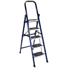 Deals, Discounts & Offers on Home Improvement - AmazonBasics Super Clamber - Non-Trip and Flat-Foldable Step Ladder, with Anti-Skid Steps and Double-Grip Technology, 5 Steps (Steel, Blue & White, Iron & Plastic)