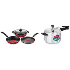 Deals, Discounts & Offers on Cookware - Pigeon Basics Non Stick Aluminium Non Induction Base Cookware Set, Including Dosa Tawa, Kadai with Glass Lid, and Frying Pan, (Pink) & Aluminium Non-Induction Base, Inner Lid Pressure Cooker