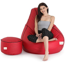 Deals, Discounts & Offers on Furniture - SATTVA Faux Leather XXXL Classic Filled Bean Bag with Footrest Combo (with Beans) (Red with Black Piping)