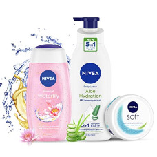 Deals, Discounts & Offers on  - NIVEA Complete Summer Regime Kit-Soft 300ml Moisturizing Cream, Aloe Hydration 400ml Body Lotion & Water Lily Flower 250ml refreshing Shower Gel